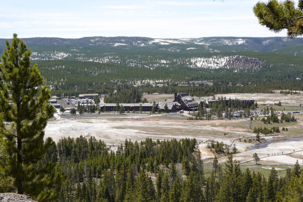 Looking down onto "Old Faithful Inn" from the hike summit...